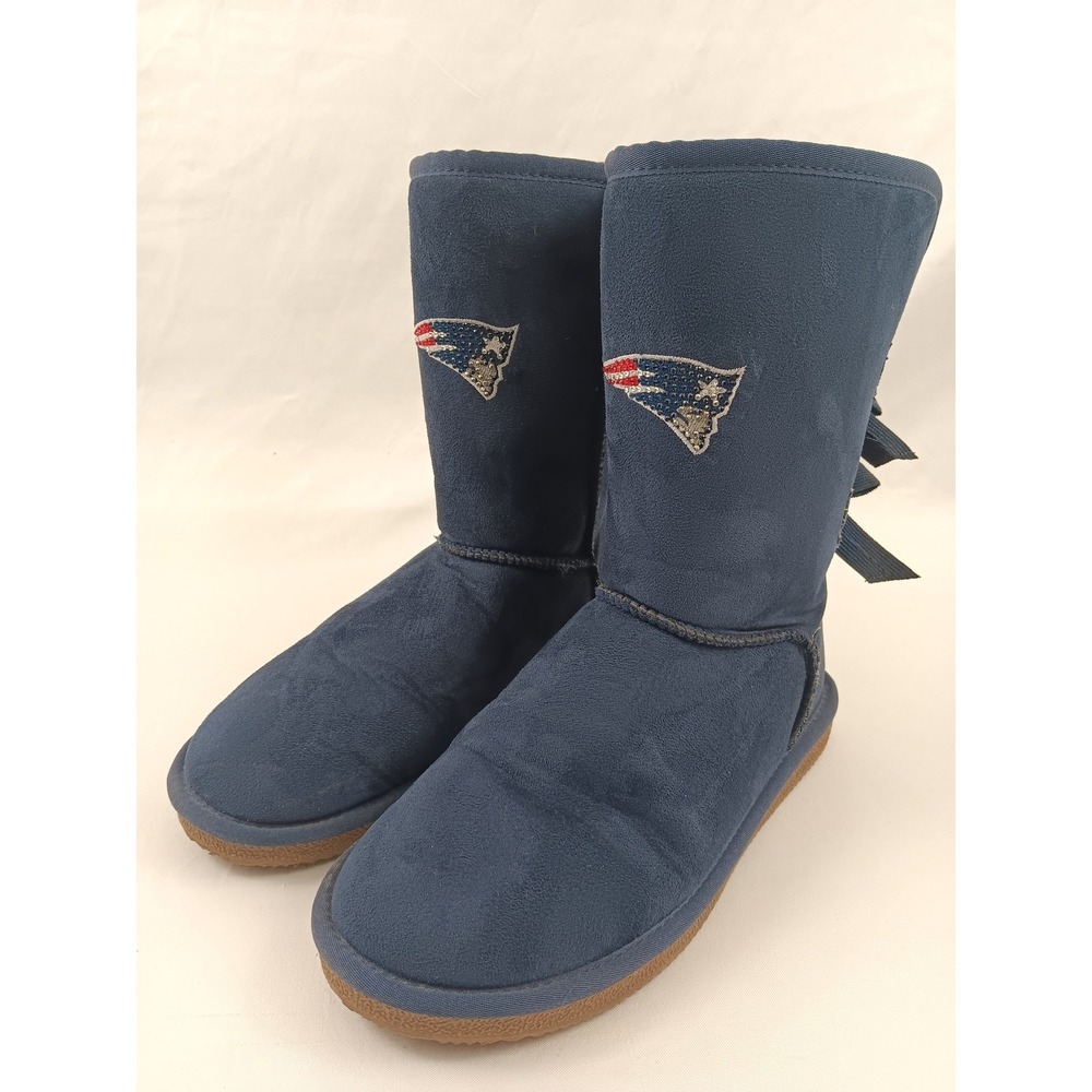 New England Patriots Womens 9W Blue Suede Faux‎ Fur Lined Bow Boots